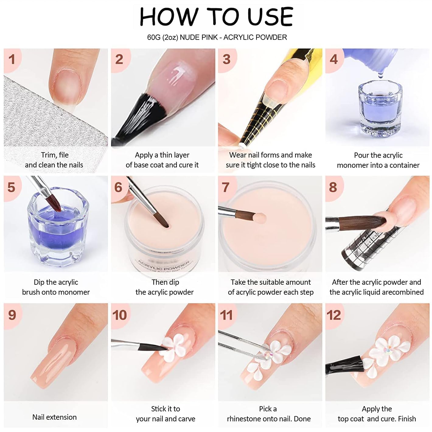 Finished 3D nail art manicure achieved using the fast-drying professional monomer liquid.