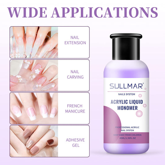 Sullmar non yellowing acrylic liquid monomer bottle alongside flawless clear nail art tips.