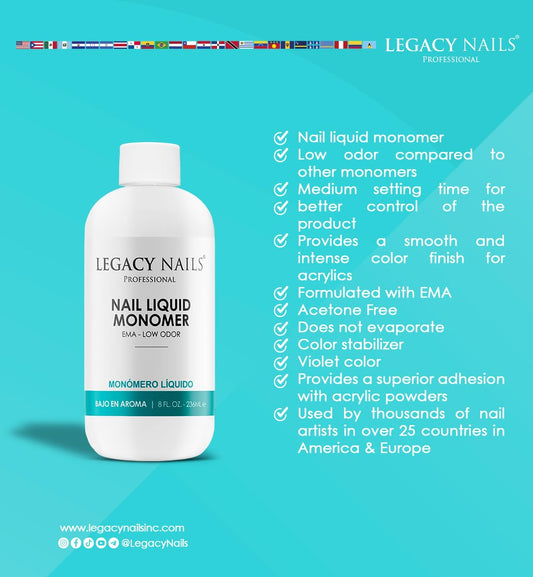 Legacy Nails low odor acrylic monomer fluid ounce bottle for professional salon use.