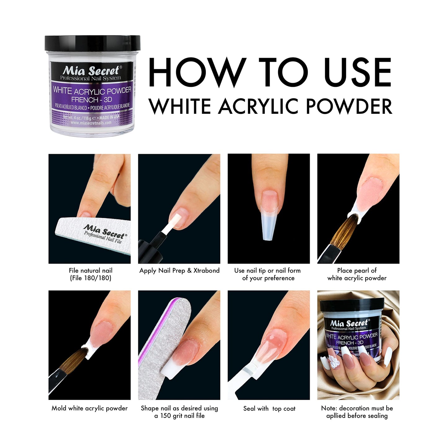 Authentic USA imported Mia Secret 1 Ounce white acrylic system product base showing batch details.