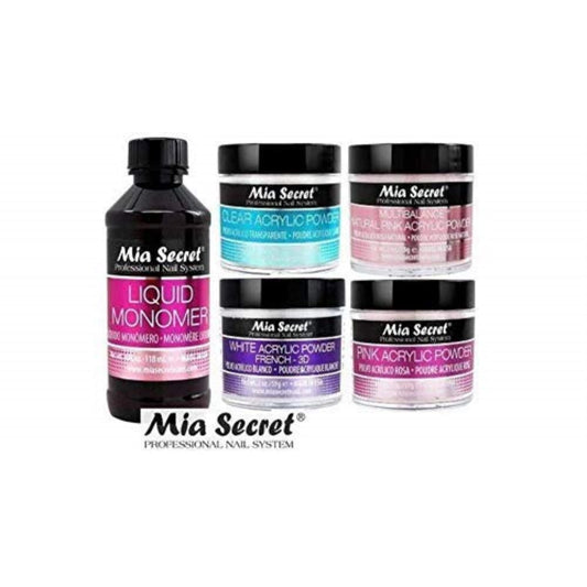 Mia Secret four ounce liquid monomer bottle alongside pink clear white and multibalance acrylic powders