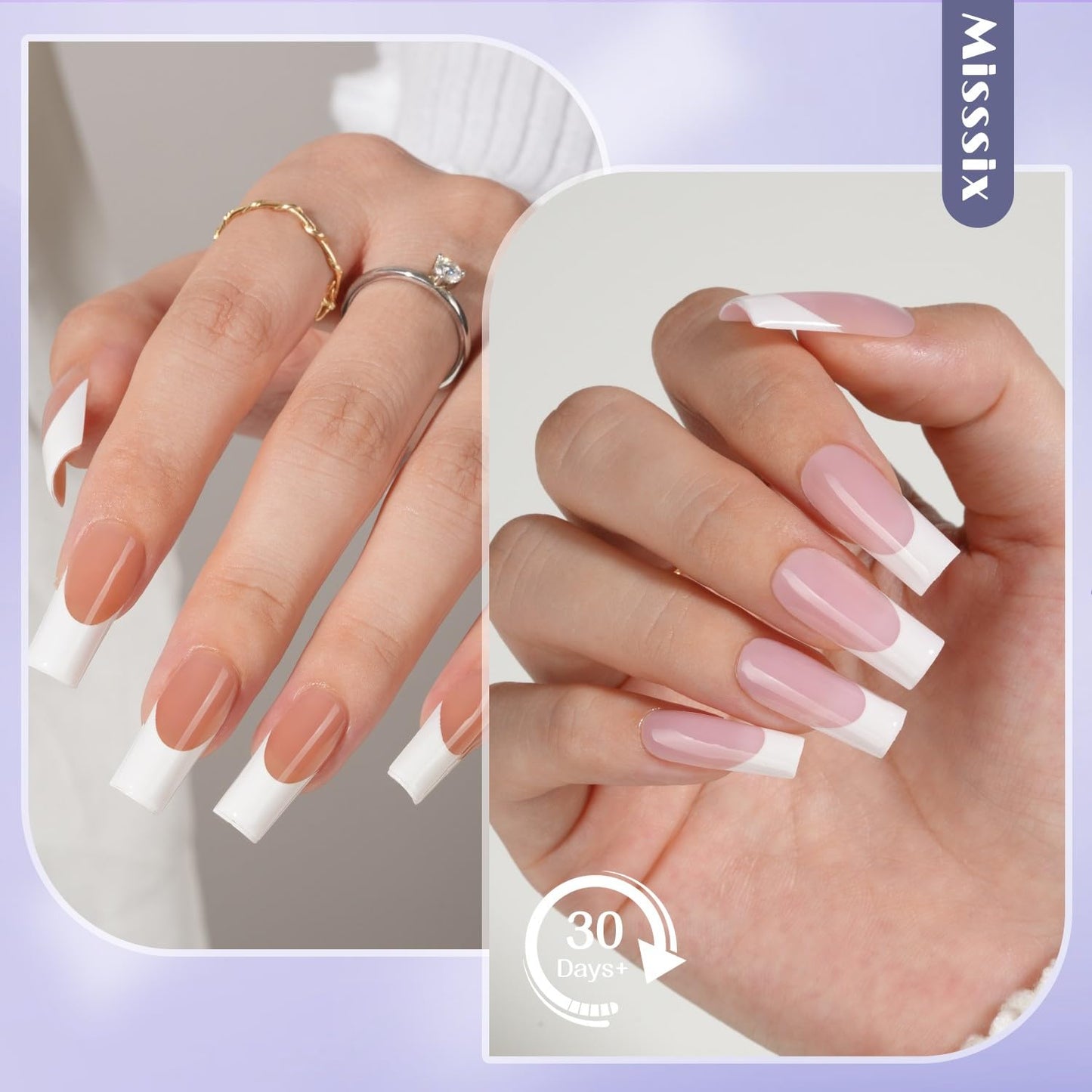 Close up of long-lasting French tips protected by Misssix gel