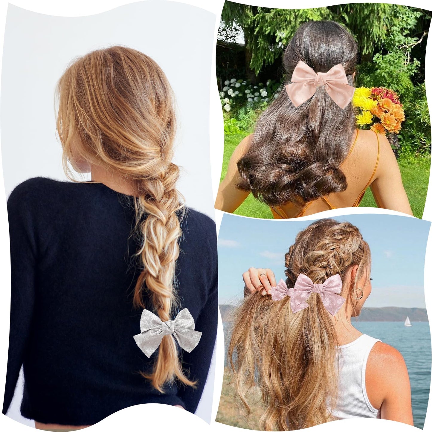 Six piece pack of fashionable solid color hair bow clips for women and girls styling variety.