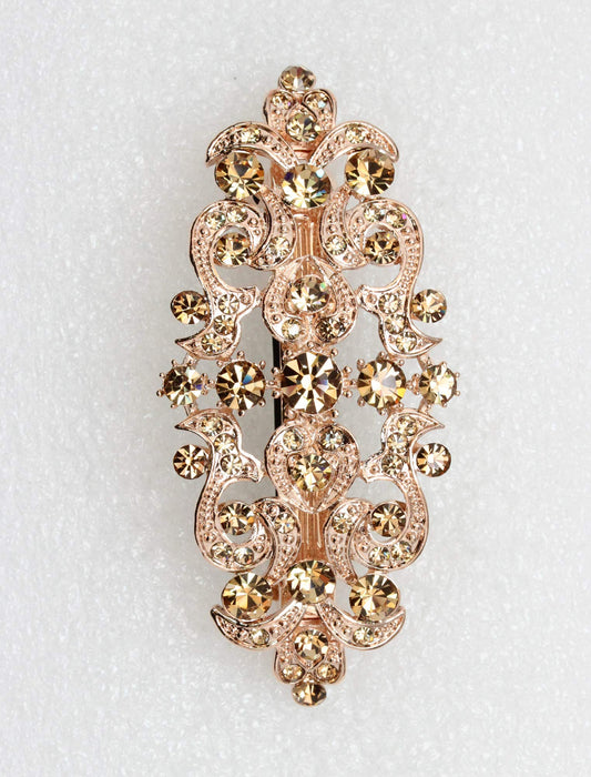 Faship luxury bridal hair clip close up highlighting the intricate light smoked topaz crystal flower petals.