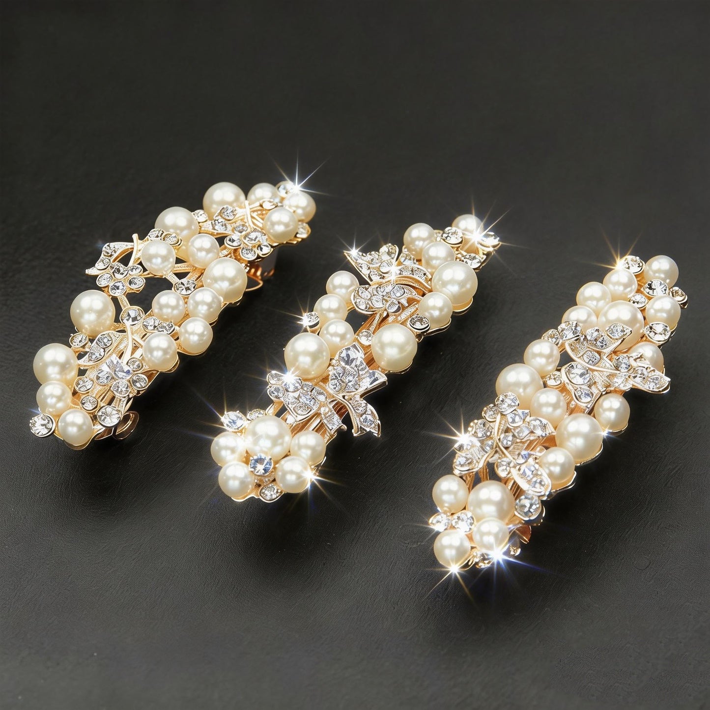A lifestyle shot of the decorative pearl diamond hair clip highlighting its versatility for dressy occasions and everyday wear.