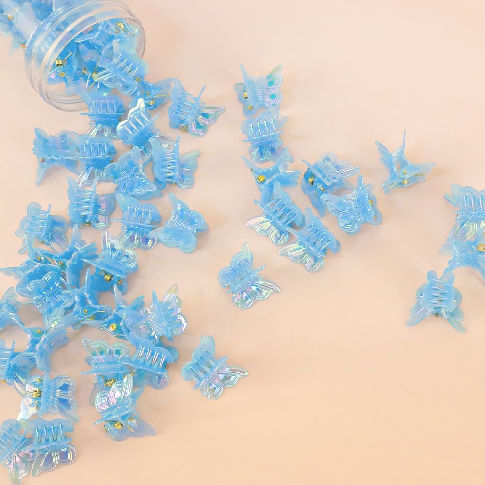 Girl wearing blue butterfly hair clips as hair accessory