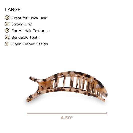 Side view of Teleties flat round claw clip highlighting the unique curved profile for comfortable lying down.