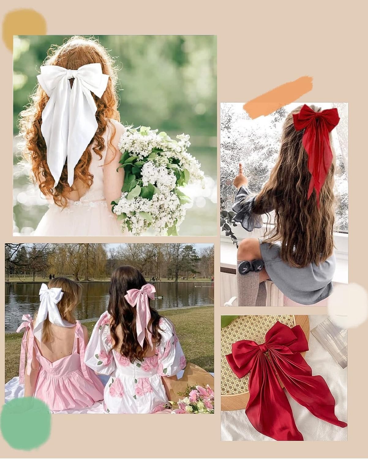 Side view of the oversized wine red layered satin hair bow with elegant long tails