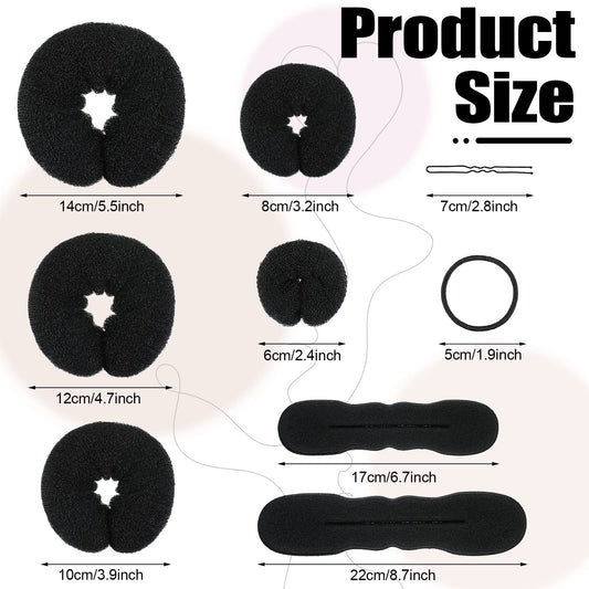 Five different sizes of black doughnut hair bun makers displayed horizontally for size comparison.