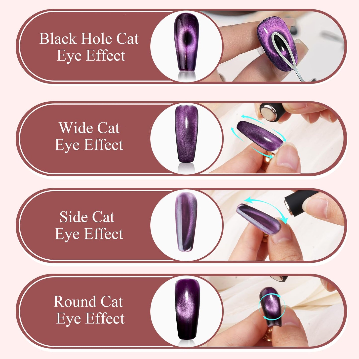 Essential home manicure kit for creating 3D cat eye nail designs.