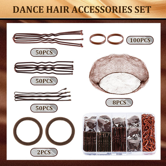 Close-up view of the brown bobby pins and U-shaped pins from the premium ballet hair kit