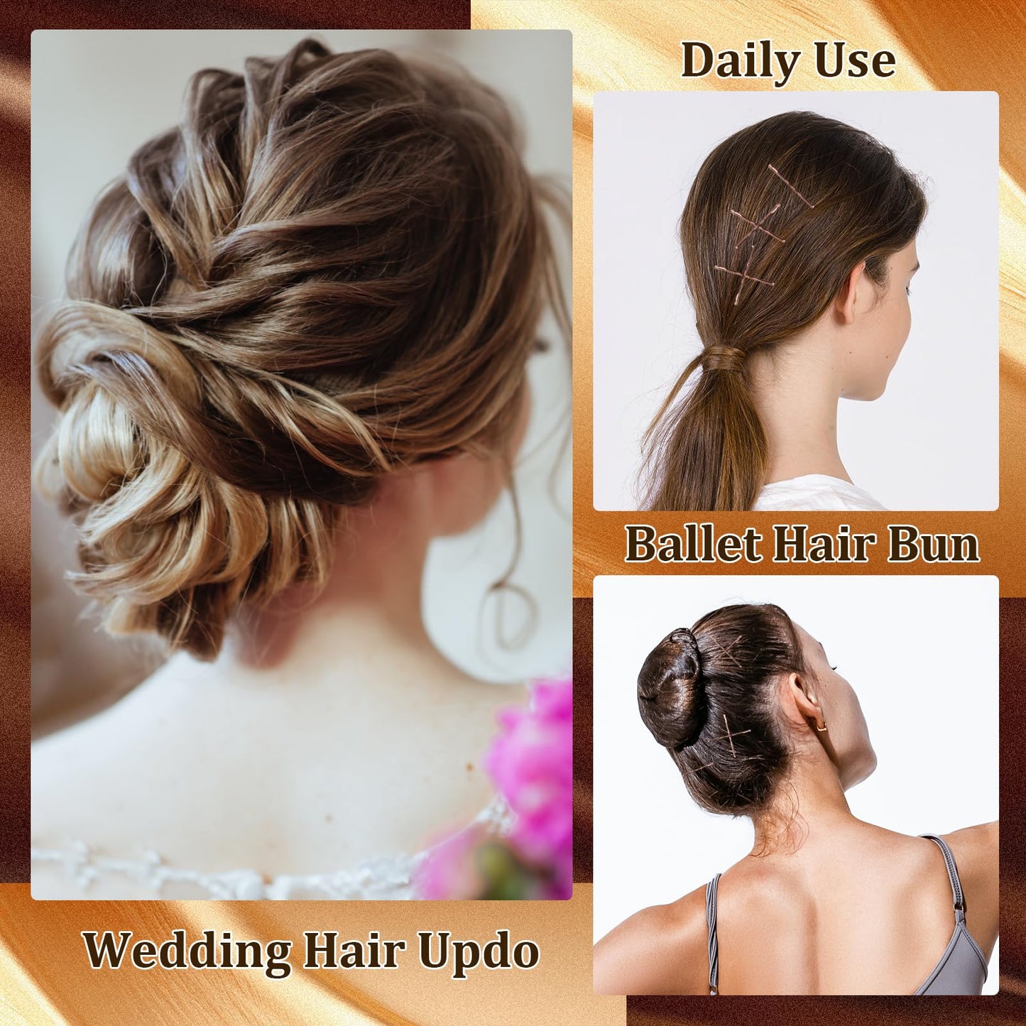 Side view of the packaged brown dance hair supplies demonstrating the compact storage of the pins and ties