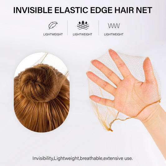 Light brown elastic edge mesh hair net stretched to twenty inches