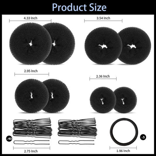 FANDAMEI donut hair bun accessories kit featuring five elastic bands and forty brown and gold bobby pins.