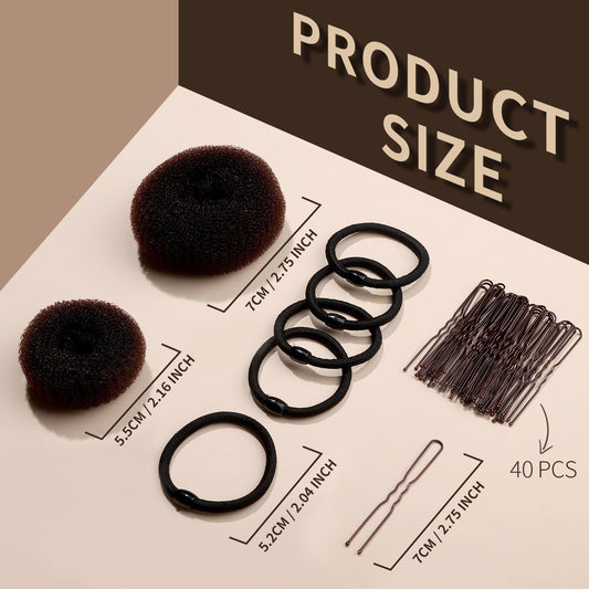 Fandamei small and extra small donut bun shapers layout with matching elastic bands and bobby pins