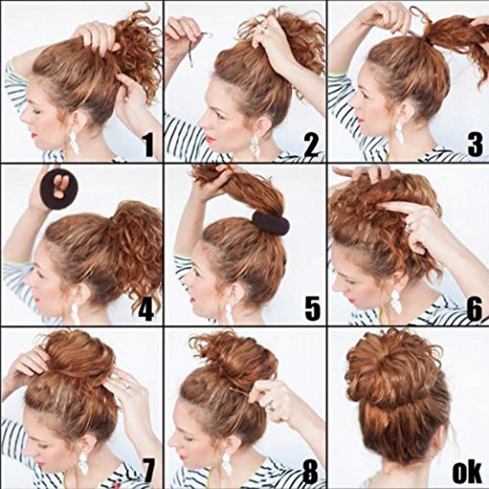 NICEMOVIC brown medium hair bun styling kit displayed next to an elegant updo profile