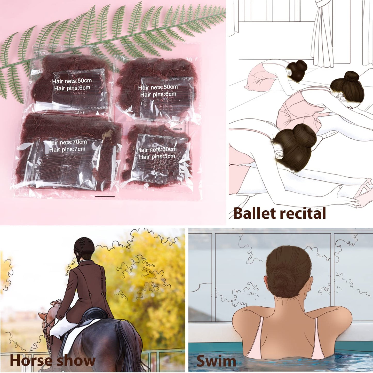 Teenitor premium hair net set used for creating neat ballerina buns and formal athletic hairstyles.
