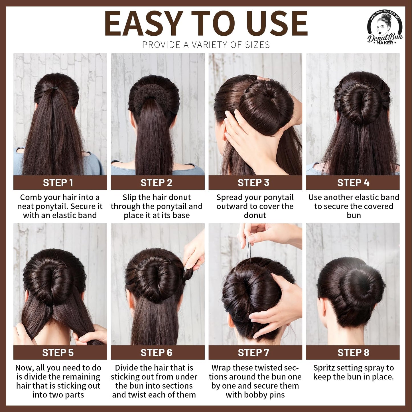 Authentic USA imported Teenitor four piece brown hair bun maker packaging overview.