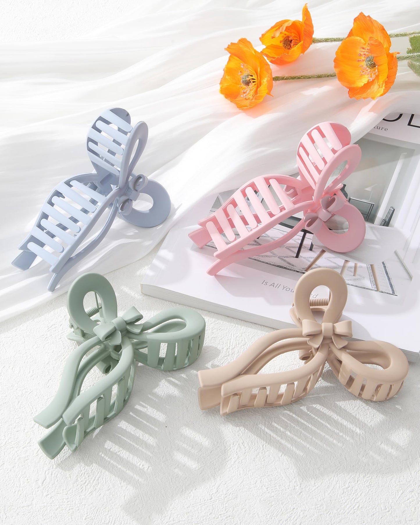 Coksdupid bow hair clips in green and dark apricot colors