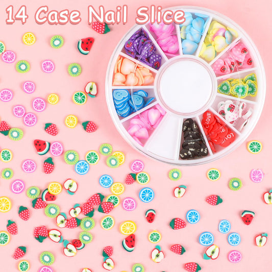 Close up view of miniature three dimensional fruit slices measuring three to five millimeters for detailed fingernail decoration