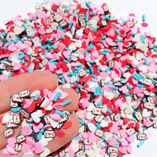 Close up look of pink and red polymer clay heart slices used for resin jewelry making