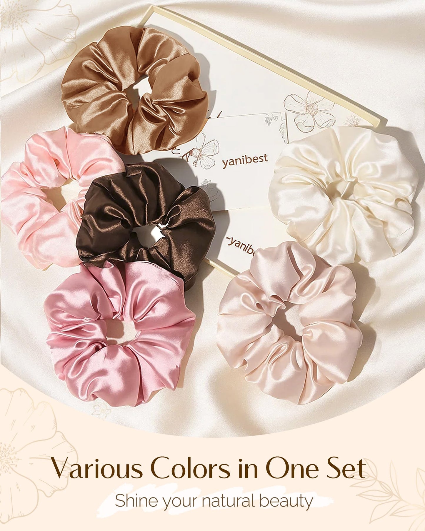 Yanibest USA imported satin hair scrunchies packaging view illustrating the complete eight piece collection.