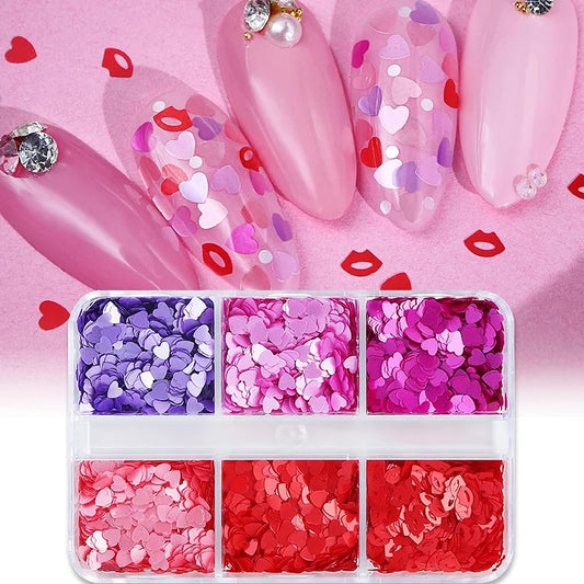 Close up of 3D heart nail sequins in organized grids