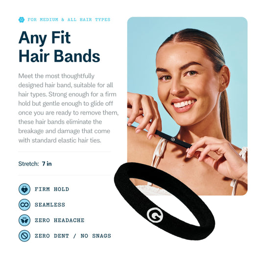 Seamless black spandex and nylon hair ties spread out on a clean surface