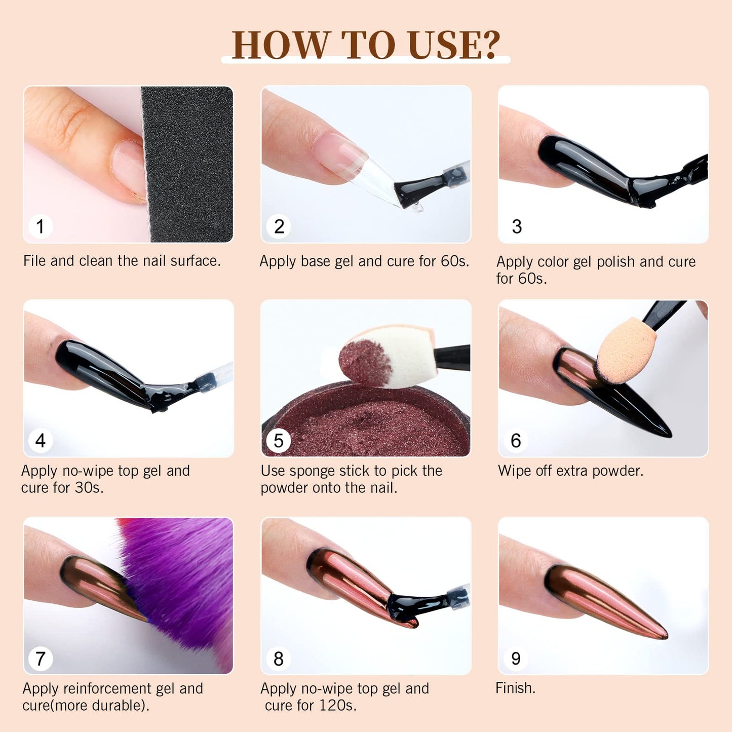 Professional nail art application using Saviland chrome dust