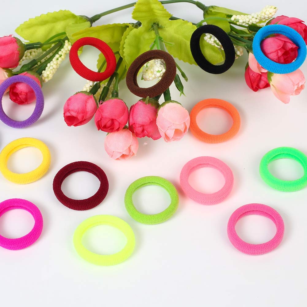 Packaging of 120 pieces multicolor cotton hair ties for thin hair