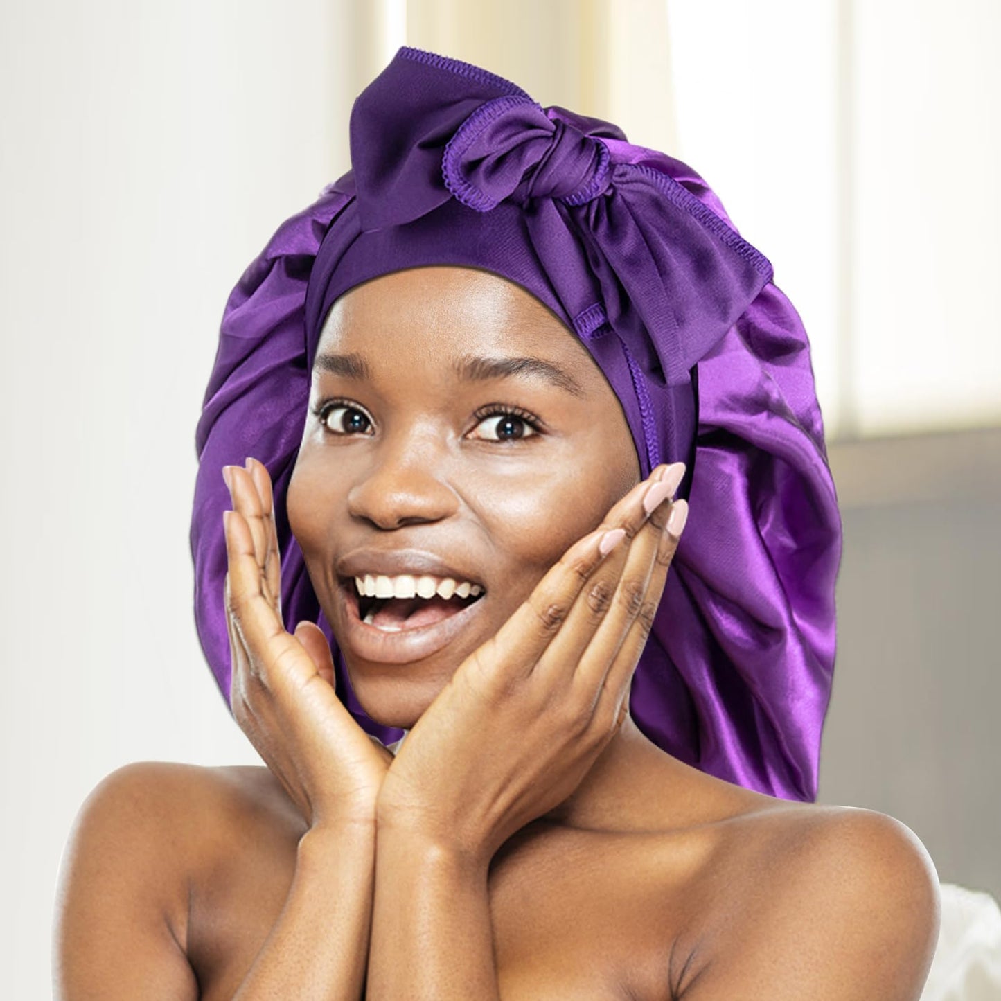 Packaging view of the two piece reusable and washable premium hair bonnets