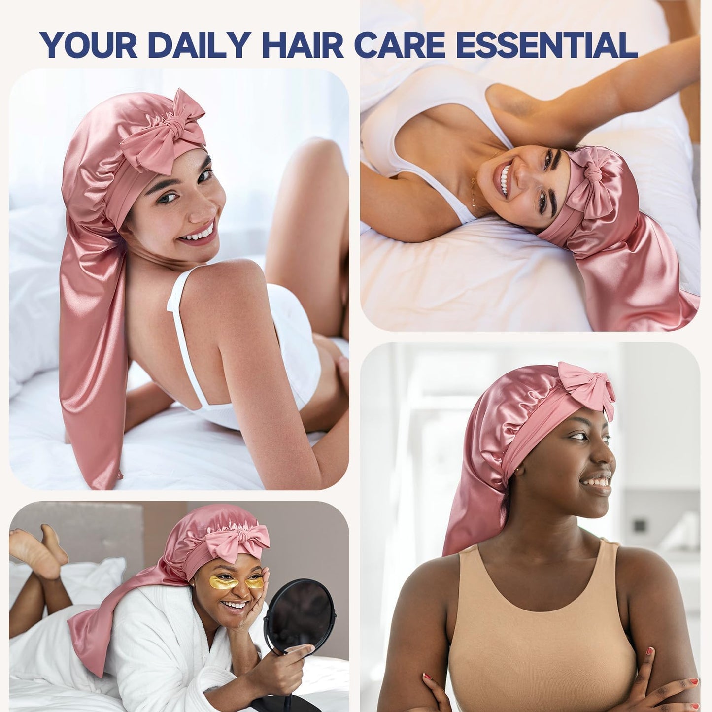 Pink mulberry silk cap for women illustrating the non slip adjustable bow styling.