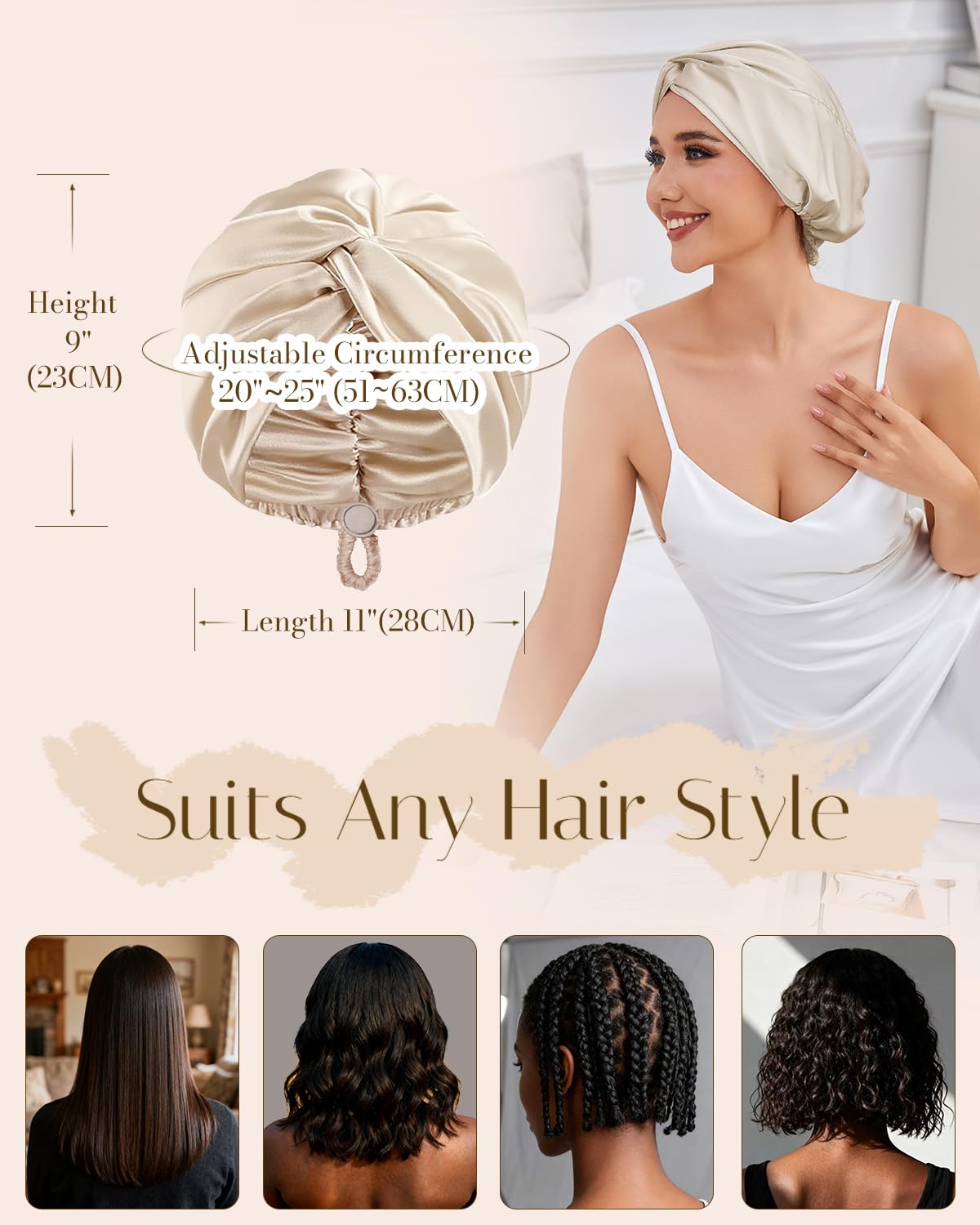 Unisex satin sleep cap packaging view highlighting its hair care benefits for curly hair