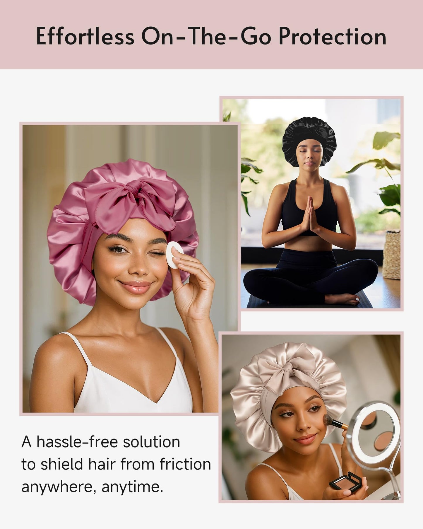 Yanideer premium anti frizz satin sleeping cap collection displayed together to show the three different product colors
