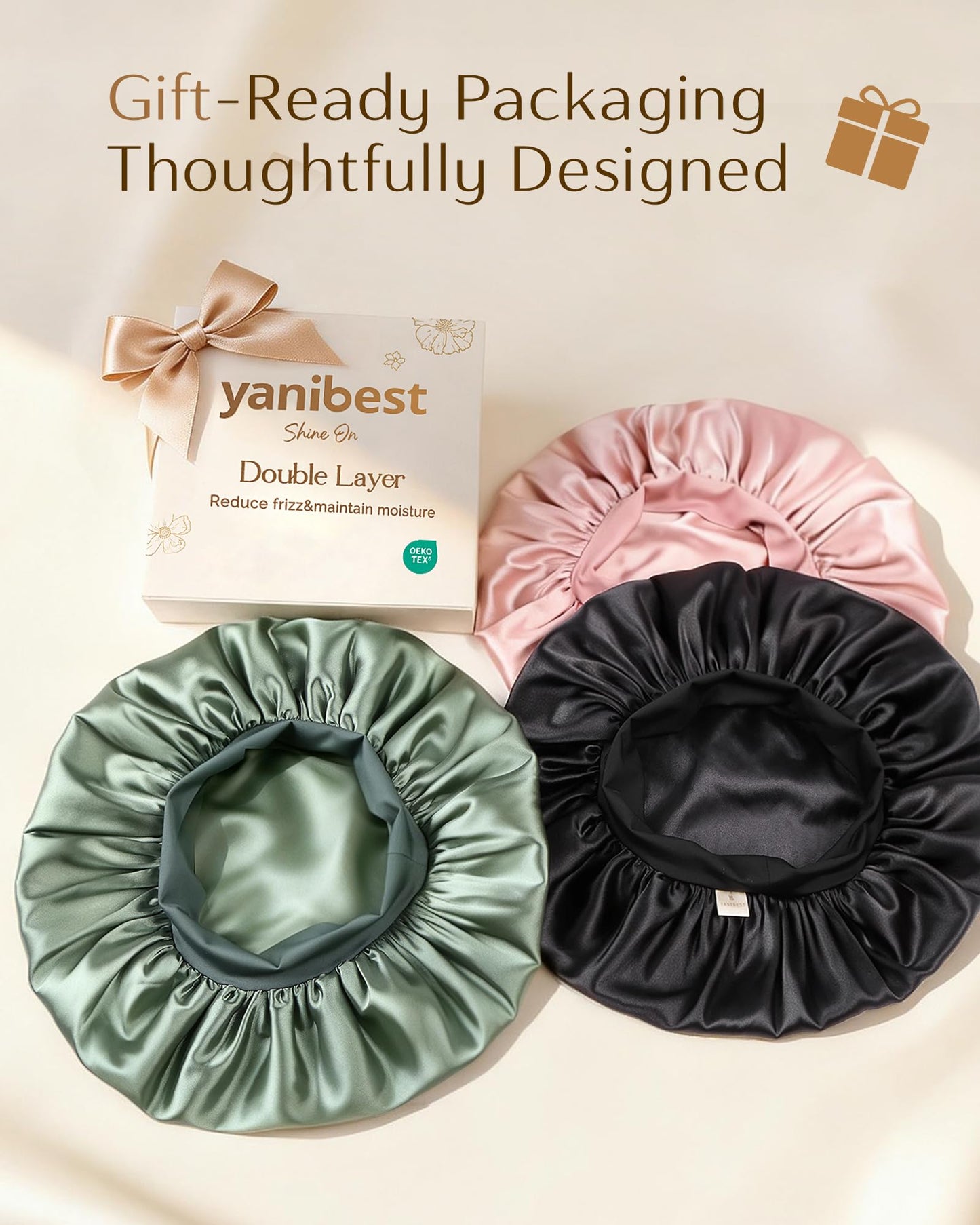 YANIBEST sleep essentials packaging displaying premium quality satin bonnet for women