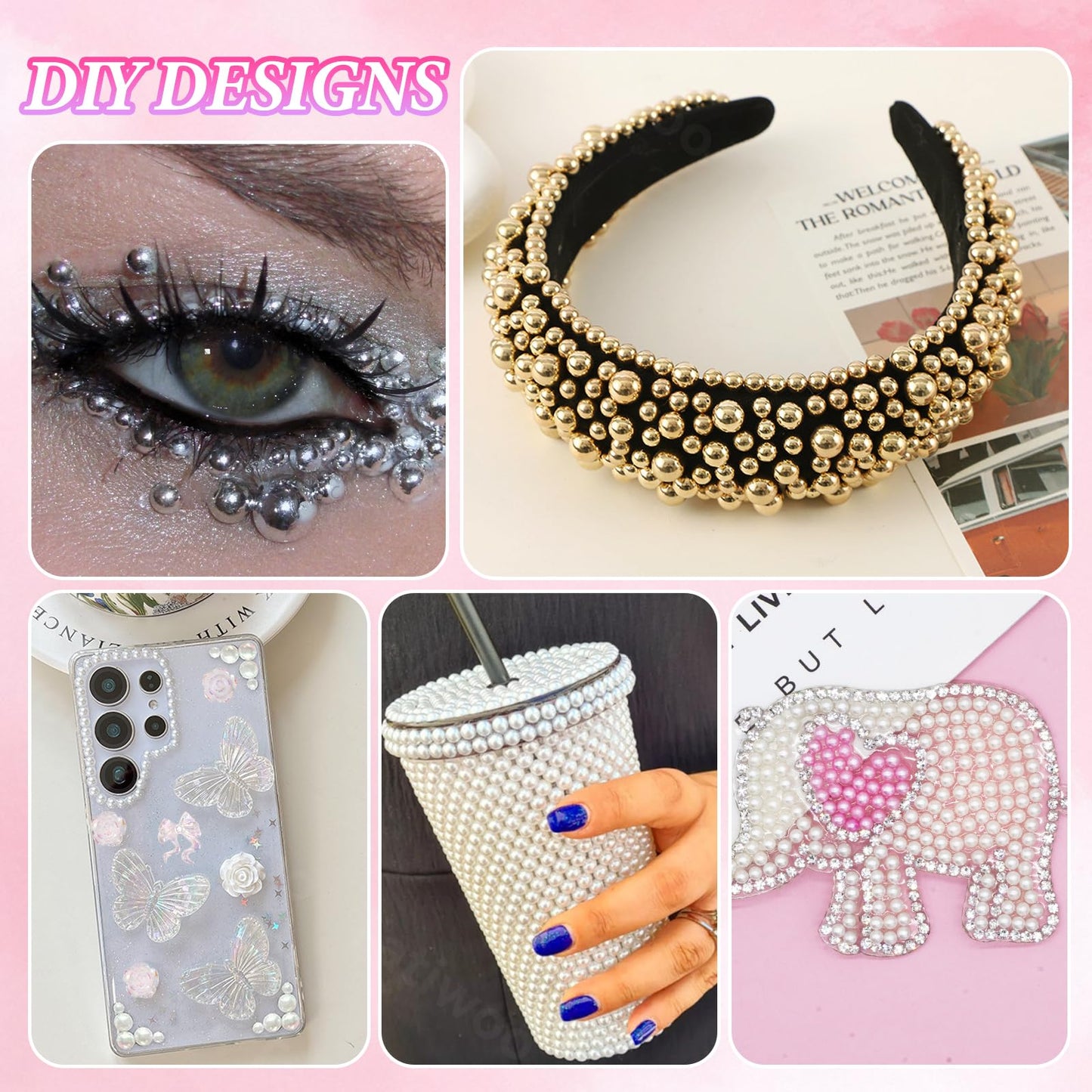 Example of nail art design using pearls and metal beads