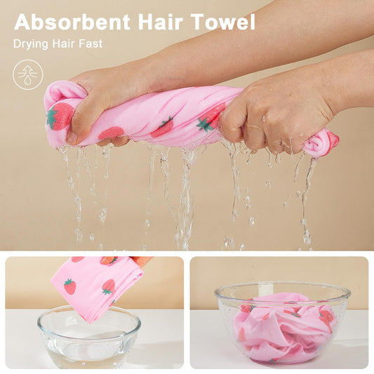 Two pack unicorn hair wrap towels in pink strawberry print