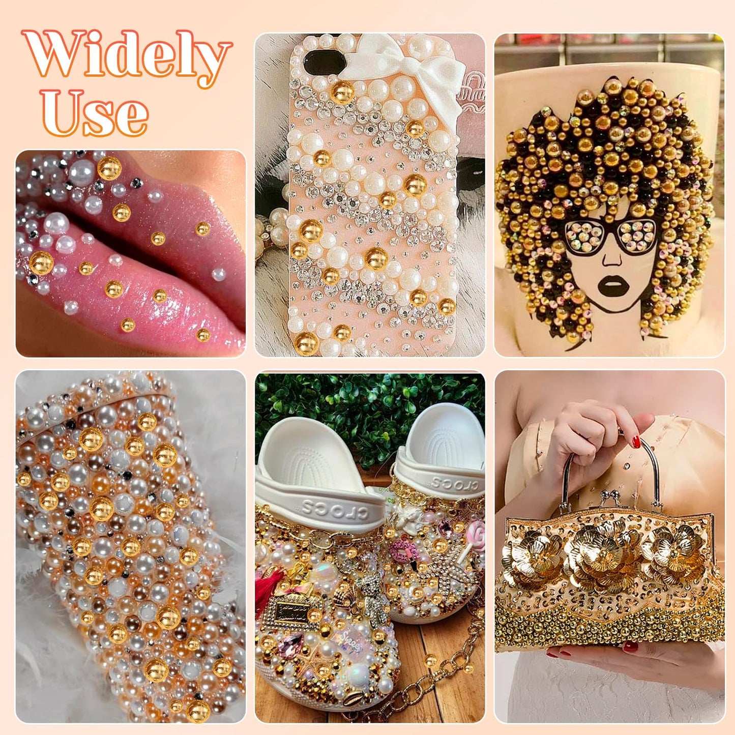 Assortment of gold half round pearl sizes for nail decoration