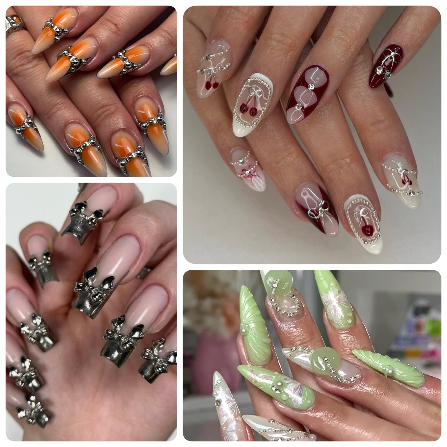 Assorted silver nail accessories in clear storage boxes