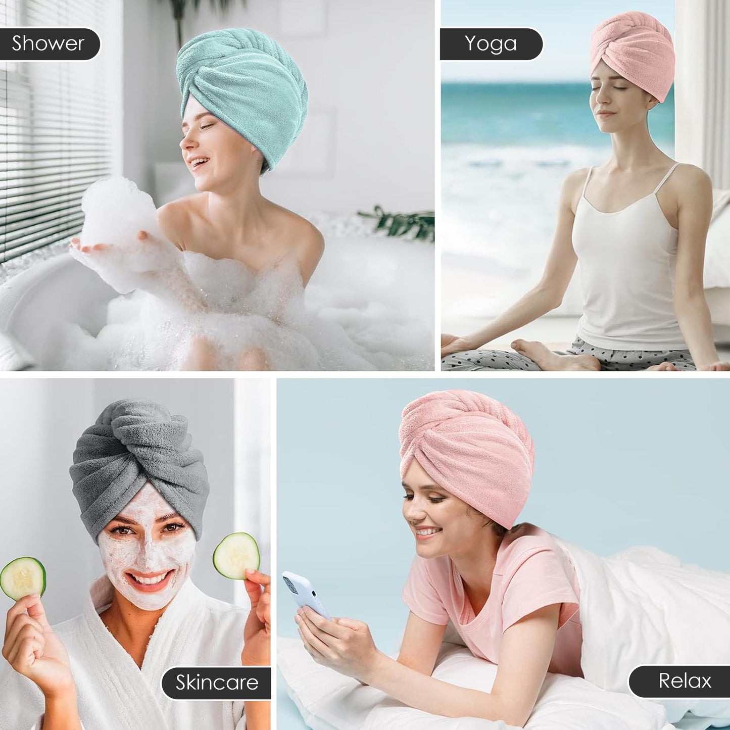 Group display of five different colored Tenstars hair towels