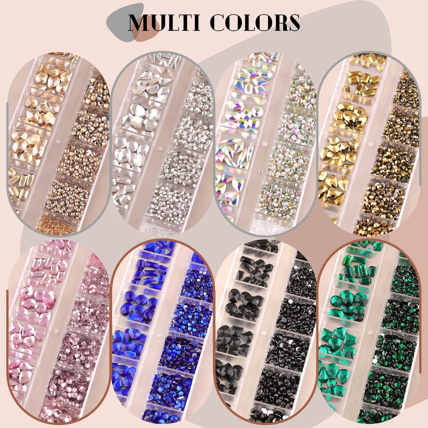Package contents of 3220 piece Belleboost gold rhinestone set