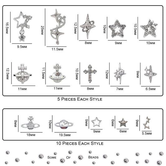 Silver planet and cross nail art gems collection