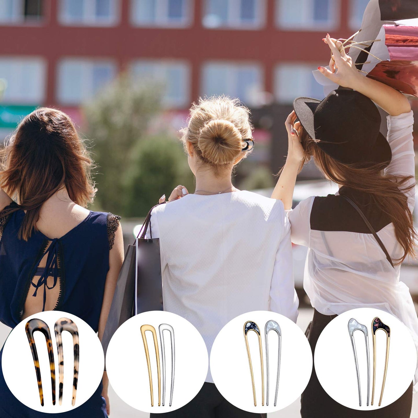 Side angle view of the elegant metal fork hair pin securing a classic messy bun hairstyle