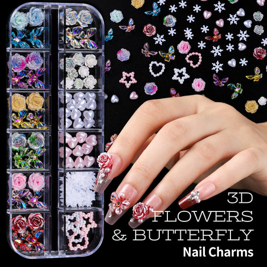 Five boxes of 3D nail art charms and gems assortment