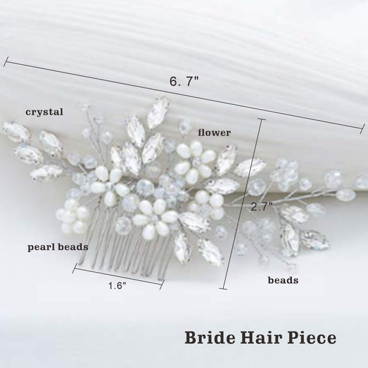 Handcrafted bridal hair piece with rhinestones and faux pearls close up view.