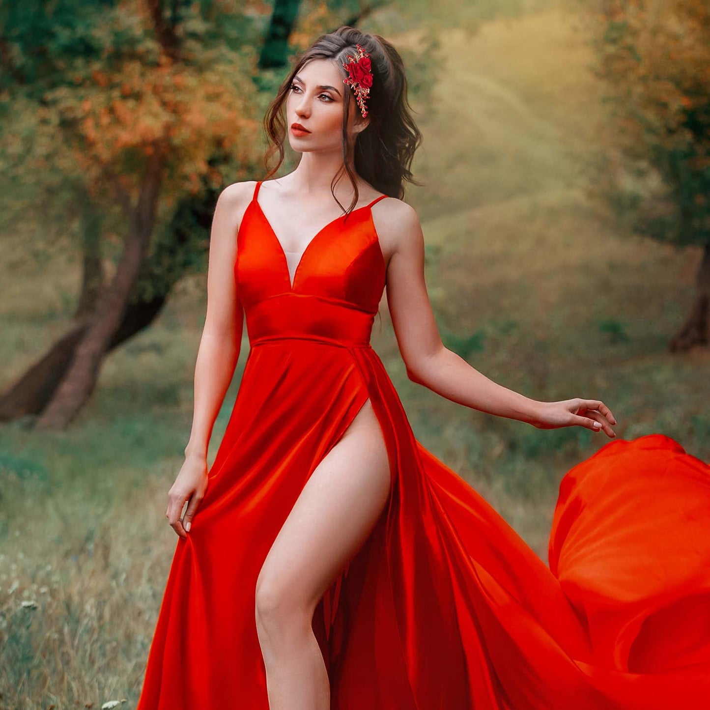 Elegant packaging view of the imported PAGOW red rose bridal headpiece.