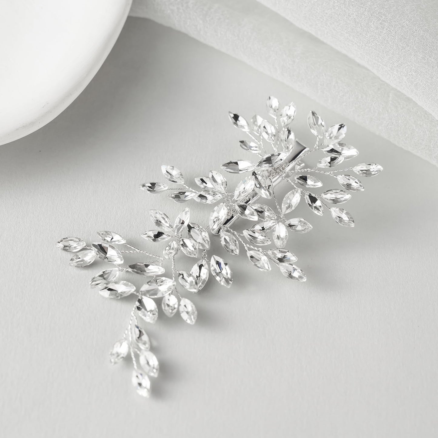 SWEETV silver-tone wedding hair clip packaging view showcasing craftsmanship quality