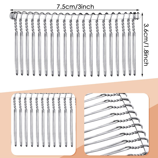Close up view of silver wire hair combs with 20 teeth