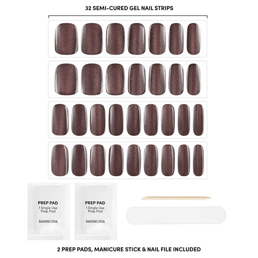 Dashing Diva Glaze Espresso Me dark brown gel nail wraps applied on hands showcasing sculpted salon finish