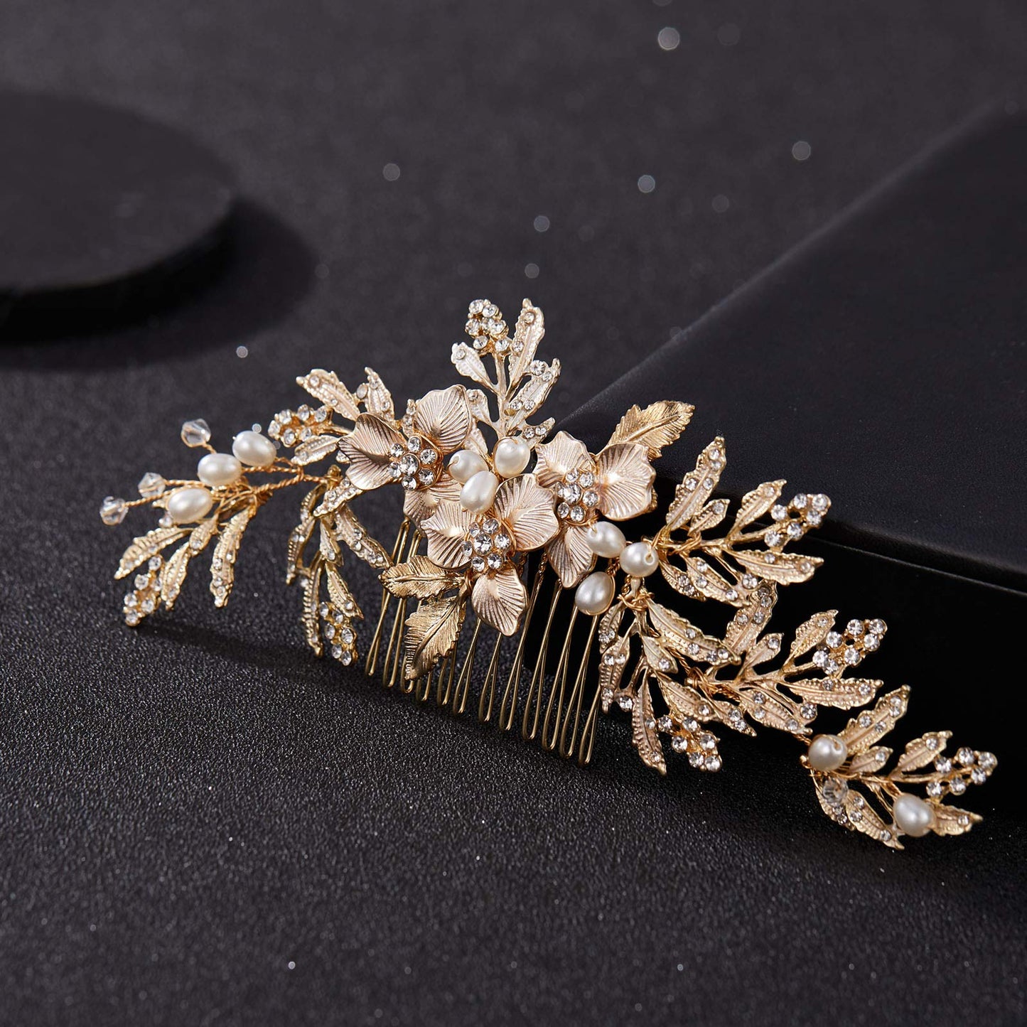 SWEETV rhinestone wedding hair comb clip showing side profile dimension and scale of the ornament